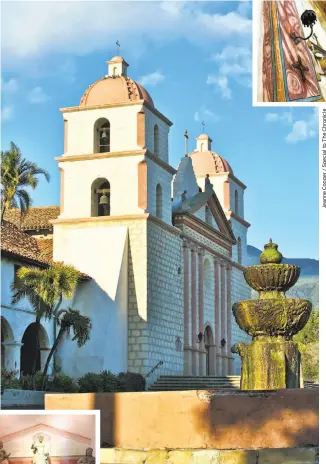  ?? Jeanne Cooper / Special to The Chronicle
Jay Sinclair / Visit Santa Barbara ?? Old Mission Santa Barbara, built in 1786, with the original Chumash altar, left, and other early artwork, inset above, on display in Mission Santa Barbara’s Treasures room.