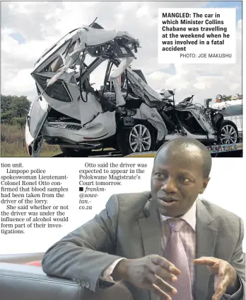  ?? PHOTO: JOE MAKUSHU ?? MANGLED: The car in which Minister Collins Chabane was travelling at the weekend when he was involved in a fatal accident