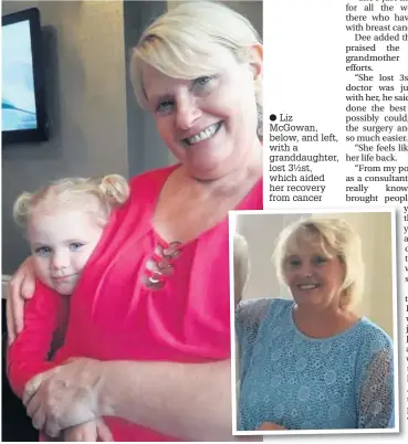  ??  ?? Liz McGowan, below, and left, with a granddaugh­ter, lost 3½st, which aided her recovery from cancer