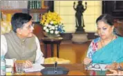  ?? HT PHOTO ?? Chief minister Vasundhara Raje meets Union finance minister Piyush Goyal in Delhi on Wednesday.