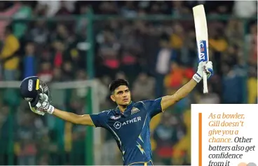 ?? ?? Gujarat Titans’ Shubman Gill celebrates after scoring a century to steer his team to victory against Royal Challenger­s Bangalore on Sunday (AFP)