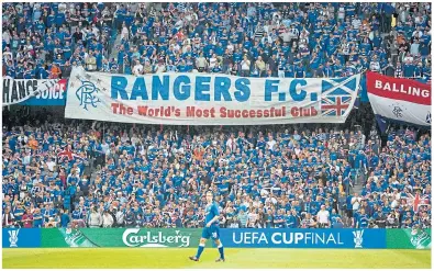 ??  ?? An estimated 200,000 Rangers fans travelled to Manchester for the 2008 UEFA Cup Final. Steven Whittaker got to play in front of a few of them