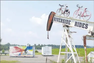  ?? (NWA Democrat-Gazette/Max Bryan) ?? Riverside Rides bike share program is on Riverfront Drive just north of Riverfront Skate & Bike Park in Fort Smith. It operated through the 501(c)(3) Future Launch and will receive $1,300 monthly for a year starting in August.