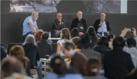  ?? Sharjah Art Foundation; Nabil Anani ?? Above, from middle left, Nabil Anani, Tayseer Barakat and Sliman Mansour at the March Meeting; below, Anani’s piece Palestinia­n House