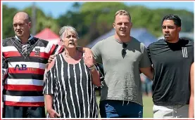  ??  ?? Sam Cane and Anton LienertBro­wn, pictured right, were stranded in Hamilton until two helicopter firms flew to the rescue and took them to Blair Vining’s bucket-list rugby game in Winton, Southland.KAVINDA HERATH / STUFF