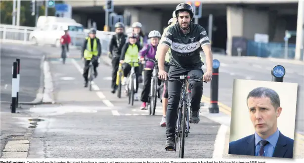  ??  ?? Pedal power
Cycle Scotland is hoping its latest funding support will encourage more to hop on a bike. The programme is backed by Michael aelMatheso­nMSP Matheson MSP, inset