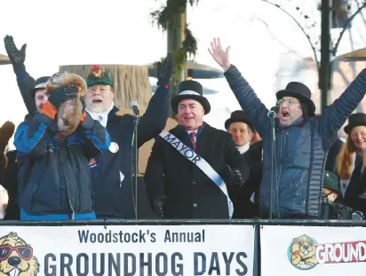  ?? STACEY WESCOTT/CHICAGO TRIBUNE ?? A groundhog named Woodstock Willie is held by handler Mark Szafran while Danny Rubin, right, proclaims six more weeks of winter after the groundhog saw his shadow Thursday morning in Woodstock. With them are Woodstock Mayor Mike Turner and Rick Bellairs, in a green groundhog hat.