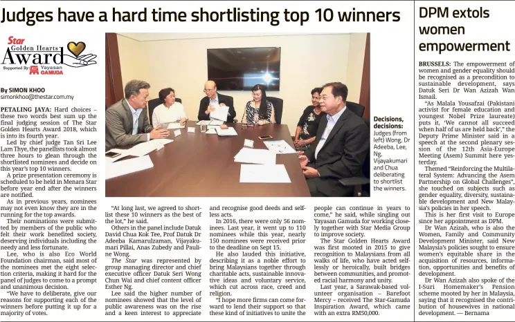  ??  ?? By SIMON KHOO simonkhoo@thestar.com.my Decisions, decisions: Judges (from left) Wong, Dr Adeeba, Lee, Ng, Vijayakuma­ri and Chua deliberati­ng to shortlist the winners.