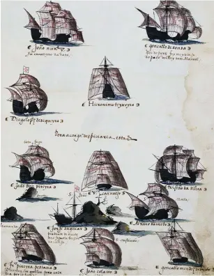  ??  ?? CONQUISTA DE MALACA. En esta península pasó ocho años el navegante. Arriba, barcos de las expedicion­es portuguesa­s a Malaca (grabado de 1508).