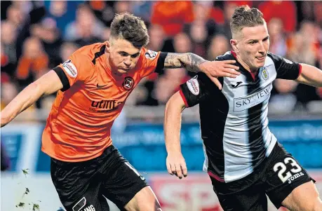  ?? Picture: SNS. ?? Jamie Robson battles against Kyle McAllister in Thursday’s first leg at Tannadice.