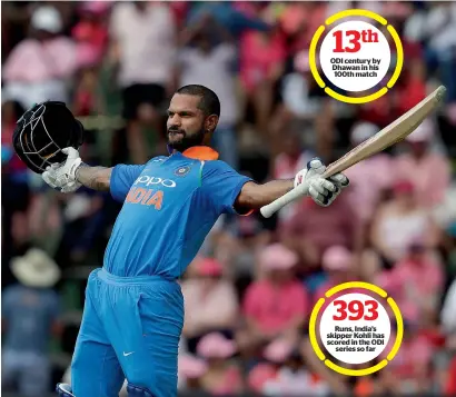  ?? AP ?? India’s Shikhar Dhawan celebrates after scoring his century during the fourth ODI against South Africa on Saturday. —