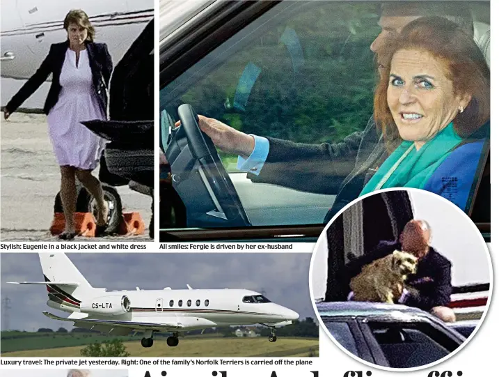  ??  ?? All smiles: Fergie is driven by her ex-husband Luxury travel: The private jet yesterday. Right: One of the family’s Norfolk Terriers is carried off the plane