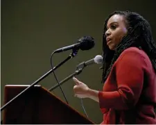  ?? ANGELA ROWLINGS / HERALD STAFF ?? IT’S A SEA CHANGE: Congresswo­man Ayanna Pressley speaks during a town hall at East Somerville Community School on Sunday in Somerville, saying she’s heard more people say they support impeachmen­t after the recent hearings.
