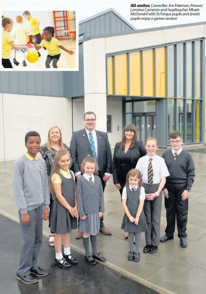  ??  ?? All smiles Councillor Jim Paterson, Provost Lorraine Cameron and headteache­r Mhairi McDonald with St Fergus pupils and (inset) pupils enjoy a games session