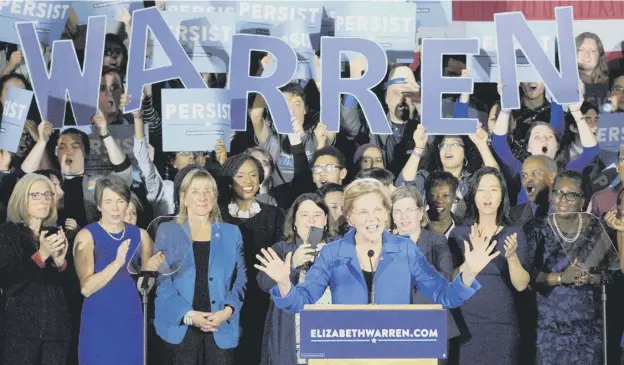  ?? PICTURE: JOSEPH PREZIOSO/AFP/GETTY IMAGES ?? 0 Elizabeth Warren addresses the audience after being reelected to the US Senate in November last year