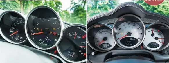  ??  ?? Weight saving in the Cayman R goes as far as losing the instrument binnacle cover. Otherwise, dial background­s aside, they are identical