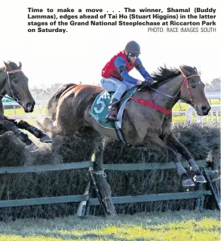  ?? PHOTO: RACE IMAGES SOUTH ?? Time to make a move . . . The winner, Shamal (Buddy Lammas), edges ahead of Tai Ho (Stuart Higgins) in the latter stages of the Grand National Steeplecha­se at Riccarton Park on Saturday.