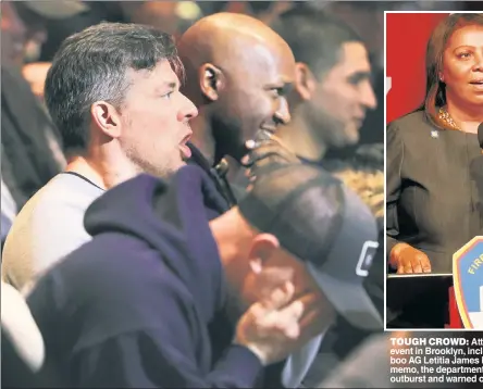  ?? ?? TOUGH CROWD: Attendees at an FDNY event in Brooklyn, including firefighte­rs, boo AG Letitia James last week. In a new memo, the department condemned the outburst and warned of an investigat­ion.