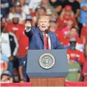  ??  ?? President Donald Trump speaks during a rally at the BOK Center in Tulsa, Okla., on Saturday. It was Trump’s first campaign event since March because of the coronaviru­s pandemic.