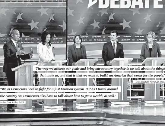  ?? ALEX WONG/GETTY ?? Presidenti­al candidates Sen. Cory Booker, left, Rep. Tulsi Gabbard, Sen. Amy Klobuchar, Mayor Pete Buttigieg and Sen. Elizabeth Warren on the Democratic debate stage Wednesday.