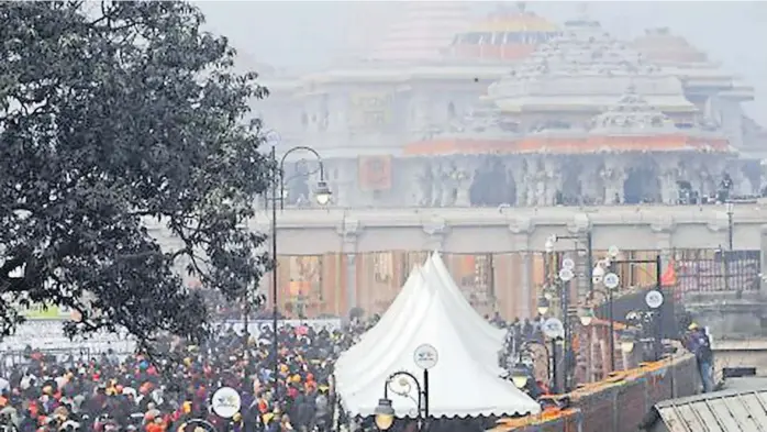  ?? Picture: GETTY IMAGES ?? Devotees wait to enter the Ram Temple on the first day after its inaugurati­on in Aydohya, Uttar Pradesh, India, on Tuesday, January 23, 2024.