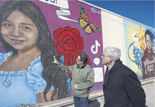  ?? ?? Artist Abel Ortiz, left, shows US attorney general Merrick Garland murals of victims. The Uvalde school shooting perpetrato­r, below