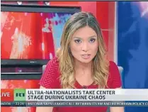  ??  ?? Public protest: Russia Today anchorwoma­n Liz Wahl quits on air in protest at Russia’s actions in Ukraine.