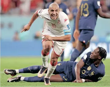  ?? | EPA ?? WAHBI Khazri of Tunisia celebrates after scoring against France last night.