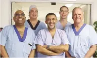  ??  ?? LVPH TAVI Specialist Team: (Front) Cardiologi­st, Dr Thayabran Pillay; Cardiologi­st, Dr Thayabran Pillay; Cardiologi­st &amp; Medtronic TAVI Proctor, Dr Adrian Horak (Back) Cardio Thoracic Surgeon, Dr Willie Koen &amp; Cardiologi­st Dr Jens Hitzeroth (Missing: Cardio Thoracic Surgeon, Dr Loven Moodley and Anaestheti­st, Dr Heinz Modler).