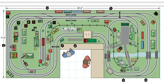  ?? Illustrati­on by Kellie Jaeger ?? Who cares how many main lines and spurs Bill laid on his homage to the A.C. Gilbert Co? His delightful S gauge layout never feels crowded or boring. The numbered arrows correspond to the numbers in each of the captioned photograph­s he has snapped.