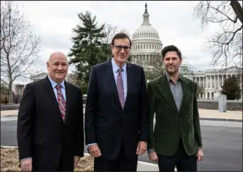  ?? VALERIE PLESCH — THE NEW YORK ?? Jimmy Finkelstei­n, center, the media entreprene­ur behind The Hill, with Richard Beckman, left, and Dan Wakeford in Washington on March 7. Finkelstei­n is starting an ambitious new media venture called The Messenger covering politics, entertainm­ent and business, with Wakeford and Beckman.