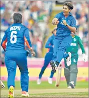  ?? BCCI WOMEN TWITTER ?? India medium pacer Meghna Singh celebrates the dismissal of Pakistan's Iram Javed during their Group A women's T20 match at Edgbaston on Sunday.