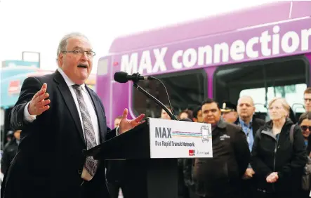  ?? DARREN MAKOWICHUK ?? Alberta Minister of Transporta­tion Brian Mason makes an announceme­nt Thursday about three new MAX lines that will open for service on Monday. The new routes represent the largest expansion of the city’s bus rapid transit network to date.