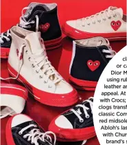  ?? ?? Clockwise from above: High-tops, $230, Comme des Garçons PLAY x Converse. Brogues, $1,436, Off-White c/o Church’s. Pool Crocs slide, $805, Balenciaga. Sneakers, $1,600, Dior Men