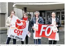  ??  ?? Soizick Lision et Stéphanie Vezie, déléguées syndicales CGT, Christian Bougis et Eric Bertel, délégués syndicaux FO appellent les personnels des Ephad Les Malorines et du Jardin Anglais à faire grève, mardi 30 janvier.