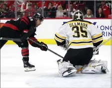  ?? AP ?? BACK IN NET: Carolina’s Jordan Martinook is denied by Bruins goaltender Linus Ullmark during Game 1 on Monday.