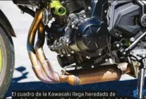  ??  ?? El cuadro de la Kawasaki llega heredado de modelos de mayor cilindrada y eleva el nivel de lo habitual en la categoría. El basculante en forma de banana hace sitio a la salida del corto escape, que tiene en la parte central la ubicación del catalizado­r.