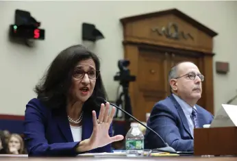  ?? Alex Wong/getty Images ?? President of Columbia University Nemat “Minouche” Shafik, left, and David Schizer, right, Dean Emeritus and Harvey R. Miller Professor of Law & Economics, testify before the House Committee on Education & the Workforce at Rayburn House Office Building on April 17 in Washington, D.C. The committee held a hearing on “Columbia in Crisis: Columbia University’s Response to Antisemiti­sm.