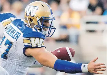  ?? GRAHAM HUGHES/THE CANADIAN PRESS ?? Chris Streveler of the Winnipeg Blue Bombers is the best backup quarterbac­k in the CFL, writes Dan Barnes. He’s big and mobile, fearless, creative, and has a cannon for an arm.