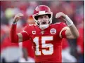  ?? CHARLIE NEIBERGALL — THE ASSOCIATED PRESS ?? The Chiefs’ Patrick Mahomes celebrates after throwing a touchdown pass to Tyreek Hill during the AFC Championsh­ip game against the Titans on Jan. 19.