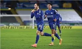 ?? Photograph: Ben Stansall/PA ?? Leicester City’s James Maddison (left) celebrates scoring his side’s third goal against Brighton.