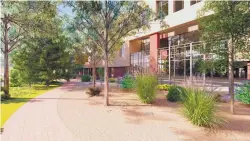  ?? RENDERING COURTESY OF INDIAN PUEBLO CULTURAL CENTER ?? The future 130,000-square-foot office building on the Indian Pueblo Cultural Center campus will feature a covered plaza and shaded space for employees.