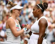  ?? Daniel Leal- Olivas/ Getty Images ?? Alison Riske, left, and Serena Williams share a post- match handshake Tuesday after their quarterfin­al at Wimbledon.