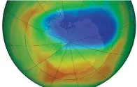  ?? Goddard Space Flight Center/NASA via AP ?? ■ This image made available by NASA shows a map of a hole in the ozone layer Sunday over Antarctic. The purple and blue colors indicate the least amount of ozone, and the yellows and reds show the most.