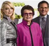  ??  ?? (from left) Emma Stone, Billie Jean King and Steve Carell arriving at the Los Angeles premiere of “Battle of the Sexes” in Los Angeles. Stone portrays King in the film. — AP Life and times: