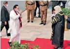  ??  ?? Prime Minister Mahinda Rajapaksa being welcomed by new Speaker Mahinda Yapa Abeywarden­a