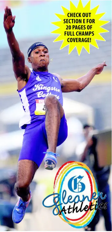  ?? SHORN HECTOR/PHOTOGRAPH­ER ?? Wayne Pinnock of Kingston College leaps to a new Champs record of 8.05m in the boys’ Class One long jump yesterday, erasing a 26-year-old mark. Pinnock is the first high-school athlete to jump beyond eight metres. He was competing on Day Two of the ISSA/GraceKenne­dy Boys and Girls’ Athletics Championsh­ips being held at the National Stadium in Kingston.