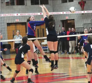  ?? Photo by Ernest A. Brown ?? Mount St. Charles senior Haley McCreight (7) had 15 kills Thursday, but South Kingstown came from two games down to defeat the No. 4 Mounties behind 17 kills from Jacqueline Lindstrom (8).