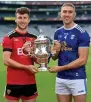  ?? ?? Down’s Barry O’hagan and Killian Clarke of Cavan with trophy