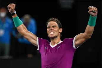  ?? Getty Images photos ?? Spain’s Rafael Nadal celebrates after victory against Italy’s Matteo Berrettini during their semifinal match at the Australian Open Friday in Melbourne.